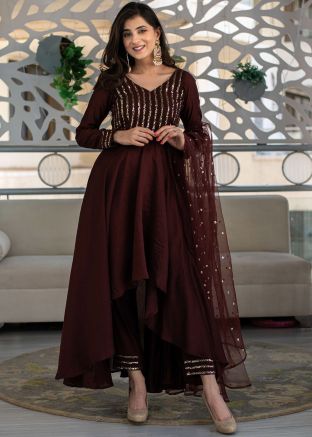 Brown Asymmetric Readymade Suit With Sequins Embroidery