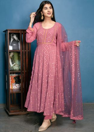 Pink Sequined Readymade Georgette Anarkali Suit 