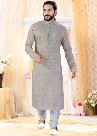 Grey Cotton Readymade Kurta With Churidar