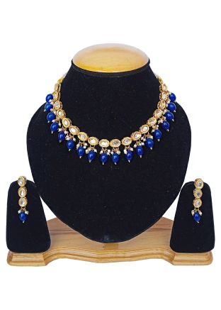 Blue Kundan Necklace And Earrings Set