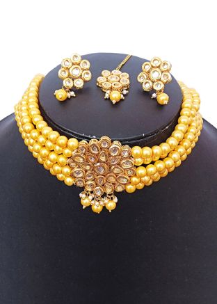 Yellow Beaded Choker Necklace Set