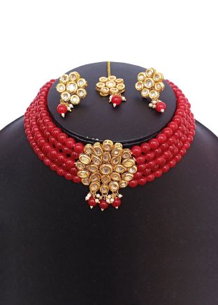 Alloy Based Red Beaded Choker Necklace Set | Panash India 