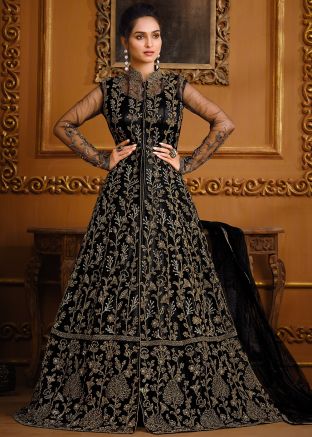 Black Sequins Embroidered Anarkali Suit In Net