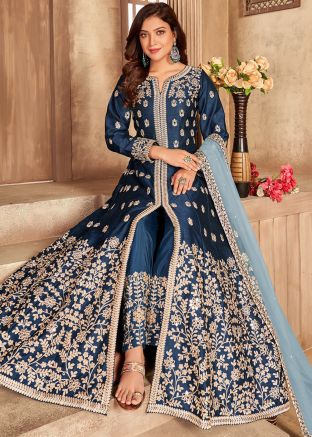 Blue Anarkali Embroidered Salwar Kameez In Silk