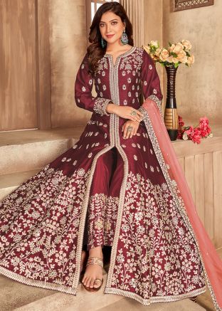 Maroon Embroidered Anarkali Salwar Suit With Slit