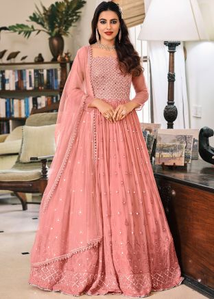 Readymade Pink Flared Suit With Mirror Work