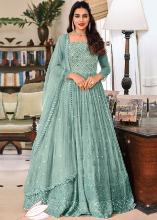 Foil Embellished Blue Readymade Suit With Dupatta