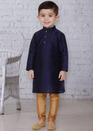 Navy Dupion Silk Kurta Churidar With Buttons