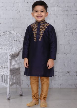 Navy Blue Dupion Silk Kurta Churidar With Embroidery