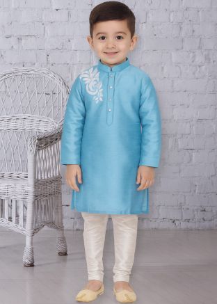Sky Blue Kids Dupion Silk Kurta Churidar Set