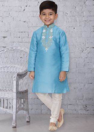 Sky Blue Dupion Silk Kurta Churidar With Embroidery