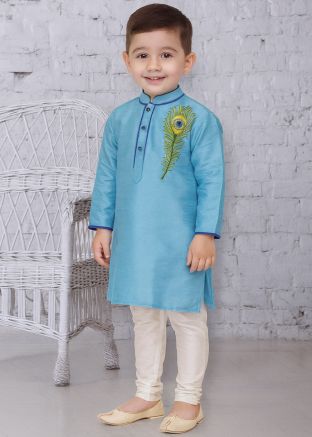 Blue Dupion Silk Kurta Churidar With Embroidered Pattern