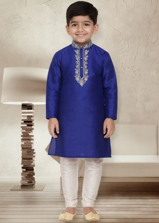 Royal Blue Dupion Silk Kurta Churidar With Embroidery