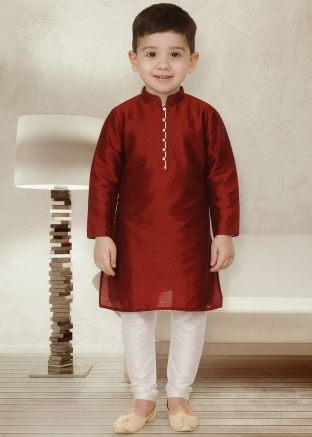 Maroon Kids Dupion Silk Kurta Churidar Set