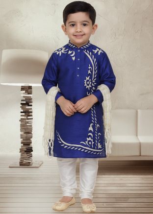 Blue Dupion Silk Kurta Churidar With Embroidered Motifs