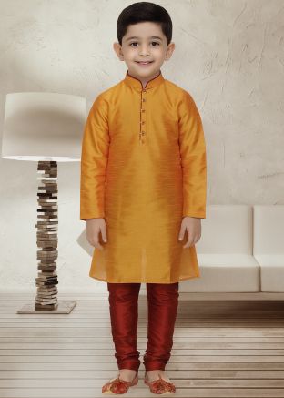 Orange Kids Dupion Silk Kurta Churidar Set