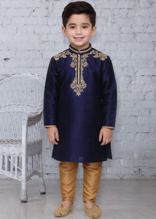 Navy Blue Kids Kurta Churidar With Embroidery