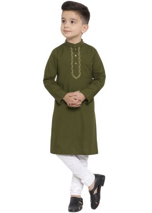Green Cotton Kids Kurta Churidar With Mandarin Neck