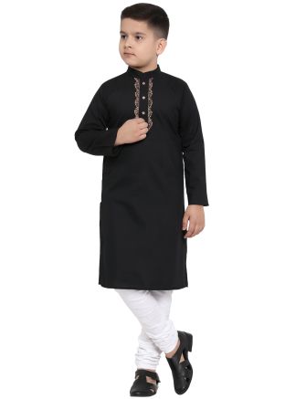 Black Cotton Kids Kurta Churidar With Button Placket