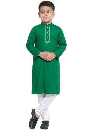 Green Cotton Kids Kurta Churidar With Stand Collar