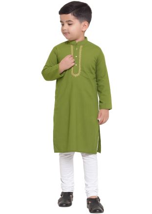 Light Green Cotton Kids Kurta Churidar Set