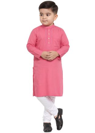 Pink Cotton Kids Kurta Churidar With Minimal Finish