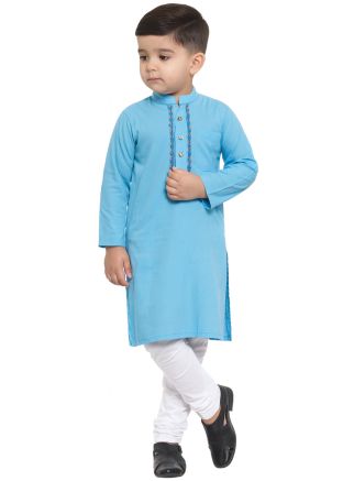 Sky Blue Cotton Kids Kurta Churidar Set