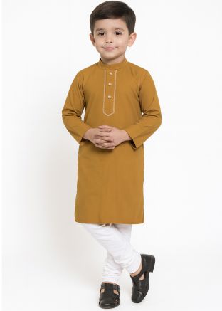 Yellow Cotton Kids Kurta Churidar With Mandarin Collar