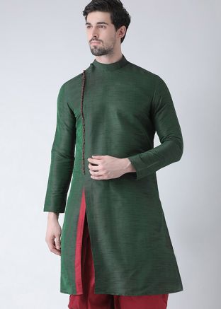 Green Readymade Dupion Silk Angrakha Style Slit Kurta For Men