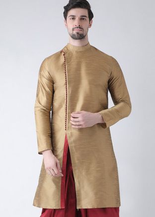 Readymade Beige Dupion Silk Angrakha Style Slit Kurta