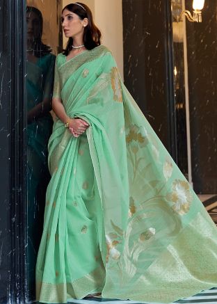 Green Linen Woven Saree With Blouse