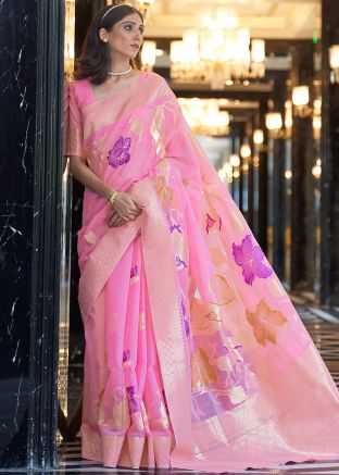 Pink Floral Woven Linen Saree With Blouse