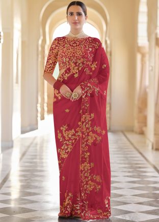 Red Organza Embroidered Heavy Border Saree