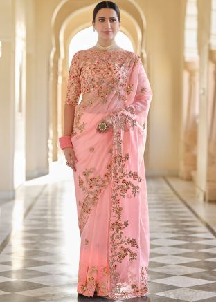 Peach Embroidered Floral Print Organza Saree Online Shopping With Heavy Blouse