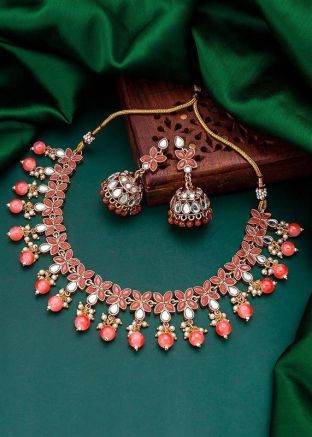 Peach Stone Studded Festive Necklace Set