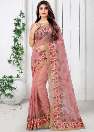 Buy Pink Resham Embroidered Net Festival Saree Online Shopping