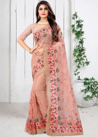 Peach Heavy Border Net Saree With Blouse