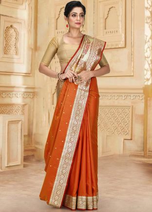 Orange Heavy Pallu Saree In Banarasi Silk