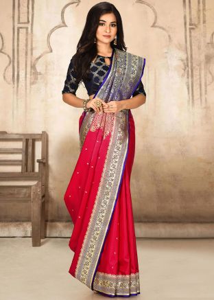 Pink Heavy Pallu Saree In Banarasi Silk