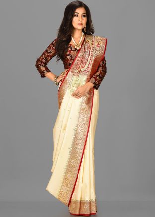 Cream Banarasi Silk Zari Saree With Blouse
