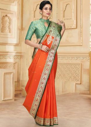 Orange Banarasi Silk Zari Saree With Blouse