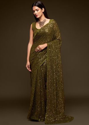 Shop Georgette Green Cocktail Saree With Heavy Sequined Blouse Online Shopping