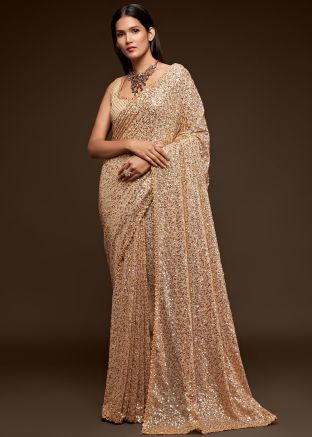 Buy Cream Thread Embroidered Georgette Cocktail Saree & Blouse Online