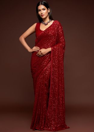 Red Party Wear Sequins Embroidered Saree In Georgette