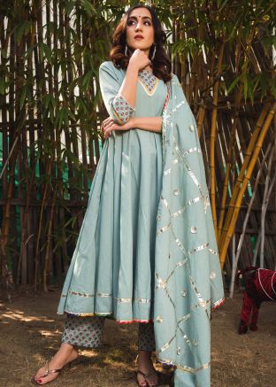 Grey Readymade Gota Work Anarkali Style Pant Suit