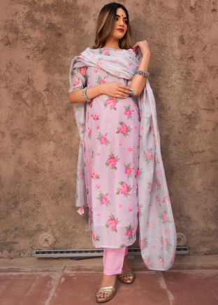 Pink Floral Printed Readymade Pant Suit