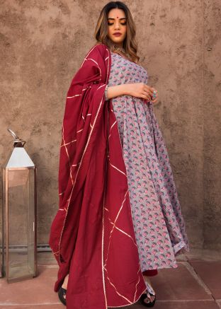 Grey Hand Block Printed Readymade Anarkali Suit