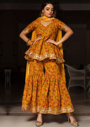 Yellow Block Printed Readymade Sharara Suit Set