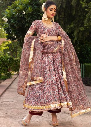 Cream Floral Printed Readymade Anarkali Suit
