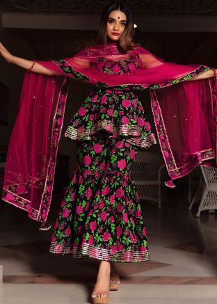 Readymade Block Printed Sharara Suit In Black